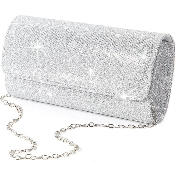 ⚡  Women's Silver Evening Sparkling Button Closure Party Wedding Clutch Handbag - Picture 1 of 6
